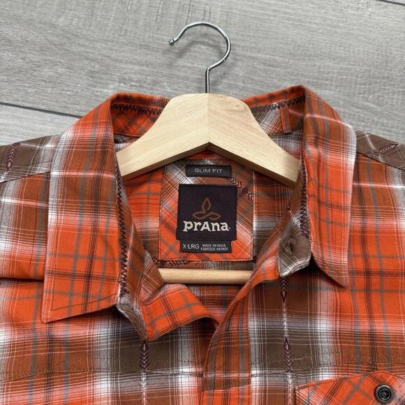 Prana Slim Fit Plaid Shirt Men Sz XL Red Brown Short Sleeve Outdoor Western Golf - Picture 5 of 9